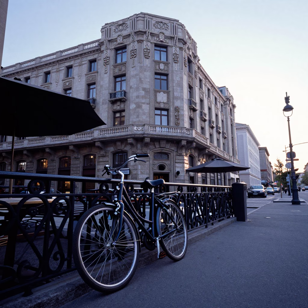 Early Morning Budapest Street Scene with Bicycle and Art Deco Hotel Facade Before Sunrise in in Budapest, Hungary