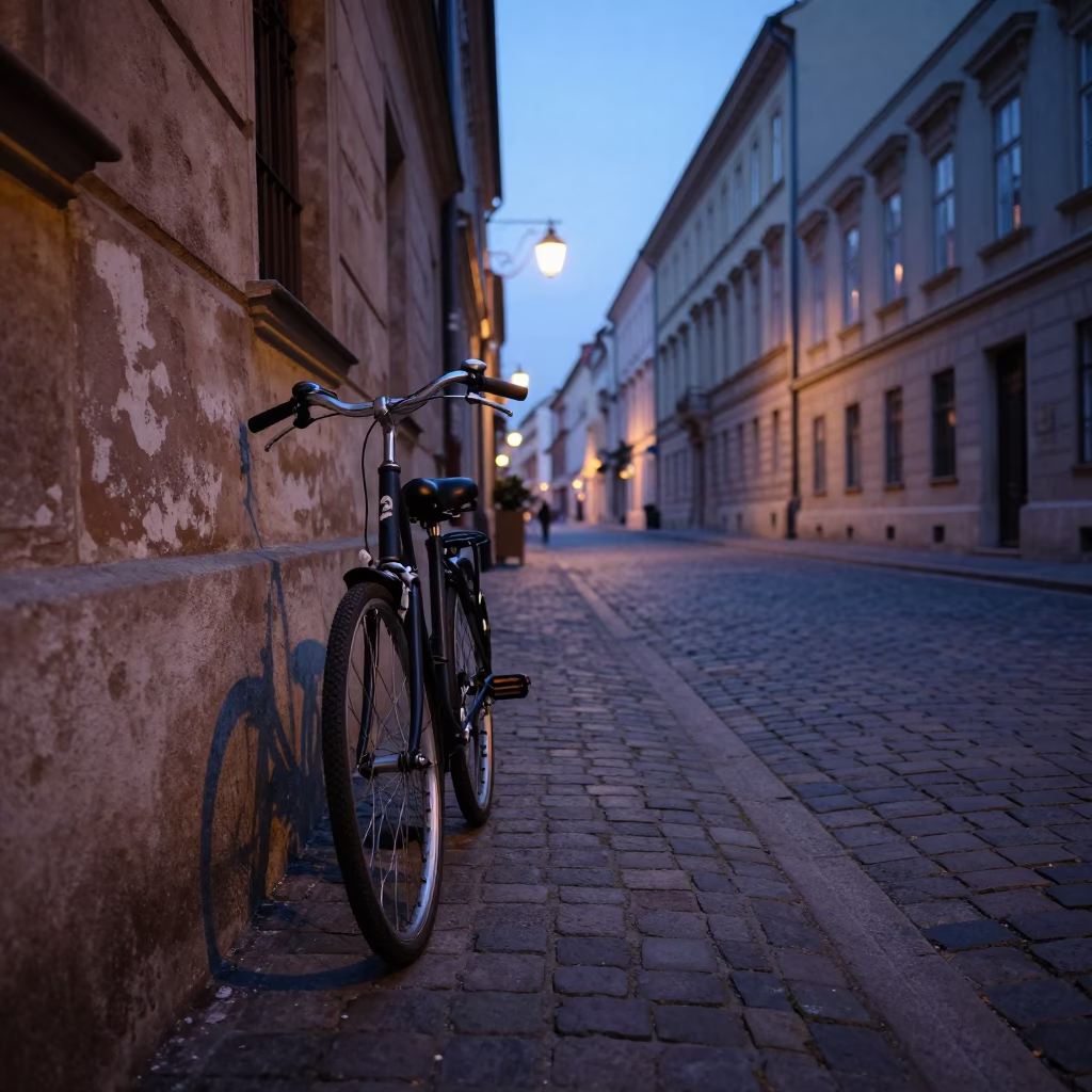 Early Morning Budapest Street Scene with Bicycle and Cobblestones Before Sunrise in in Budapest, Hungary