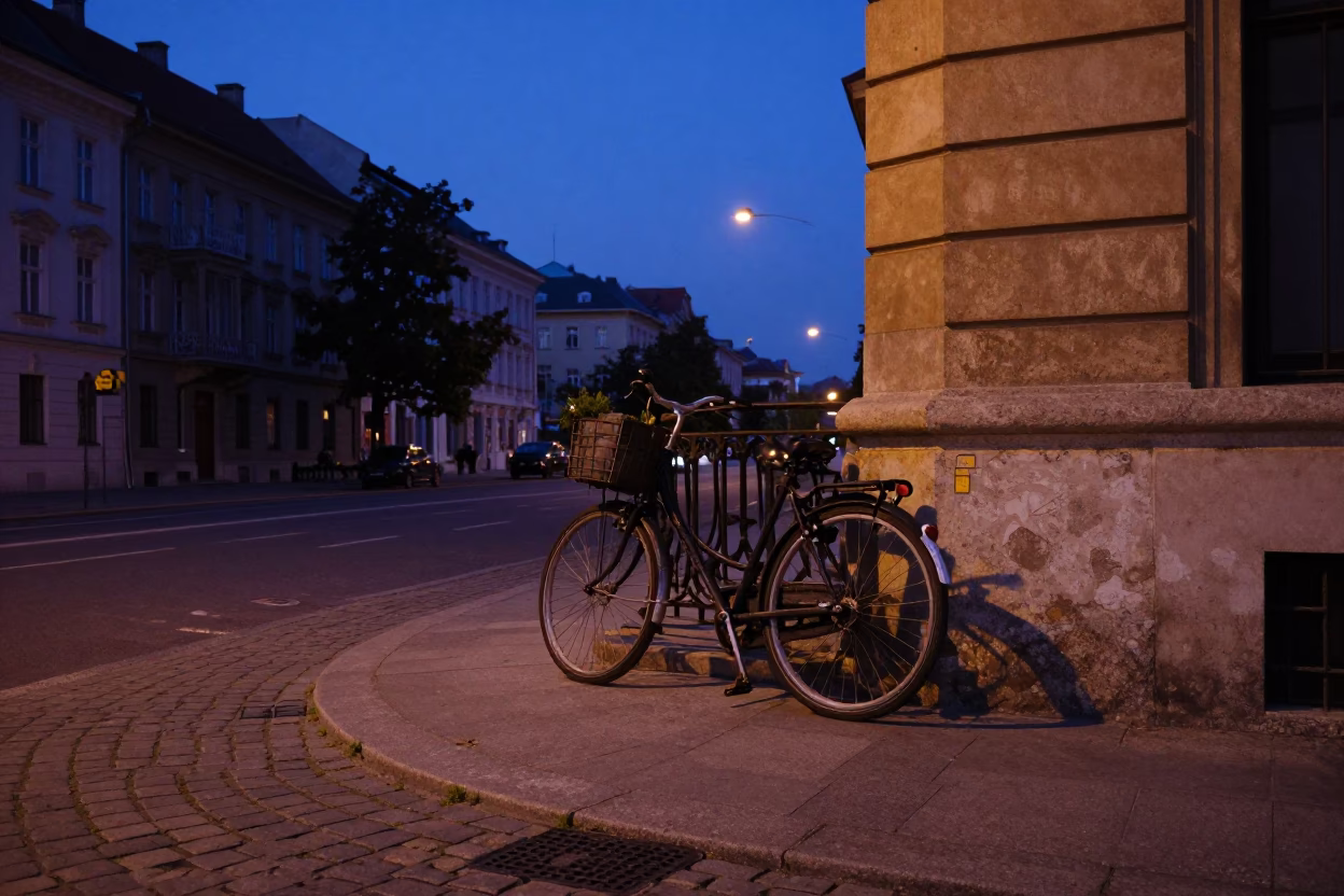 Early Morning Budapest Street Scene with Bicycle and Stone Observatory Silhouette Before Sunrise in in Budapest, Hungary