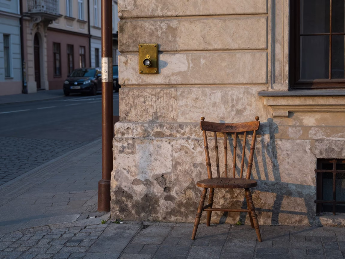Early Morning Budapest Street Scene with Brass Hardware and Wooden Chair in in Budapest, Hungary