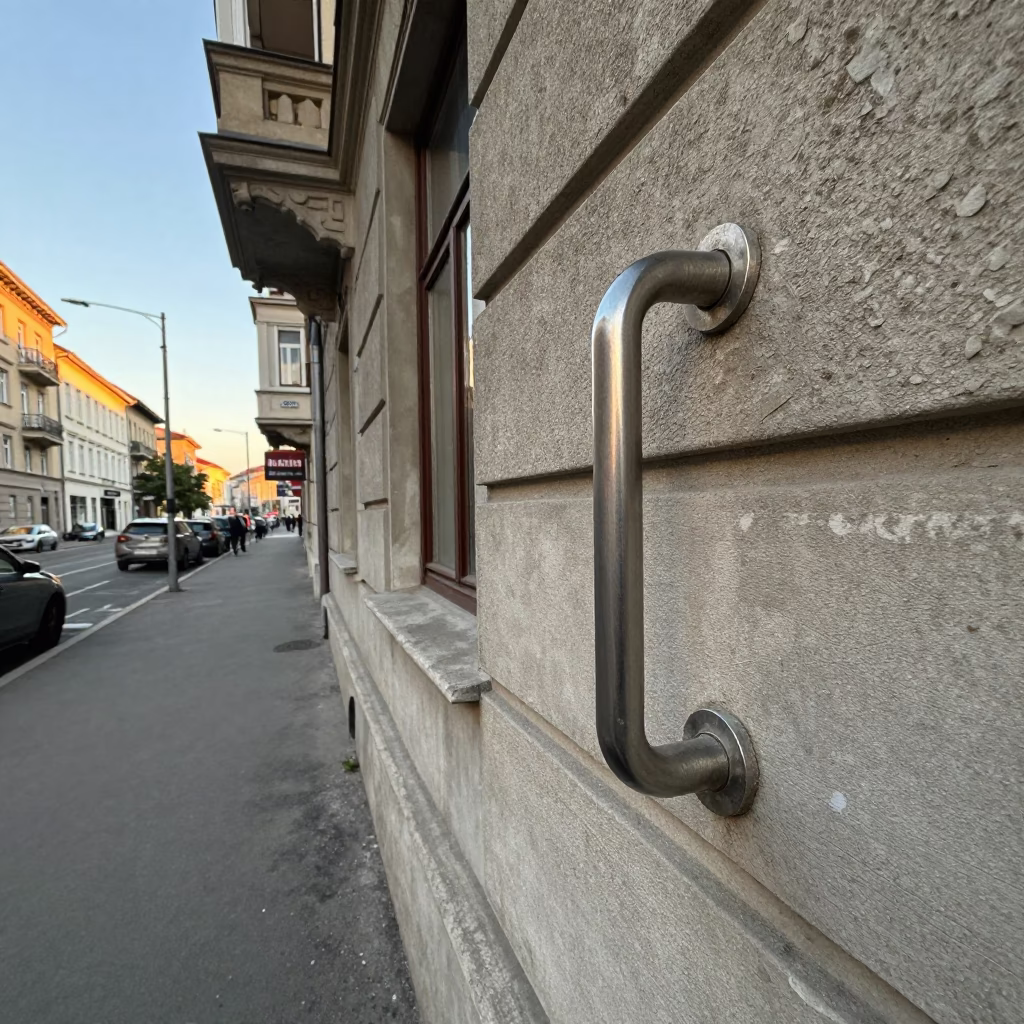 Early Morning Budapest Street Scene with Brushed Steel Handle and Rust Around Drain in in Budapest, Hungary
