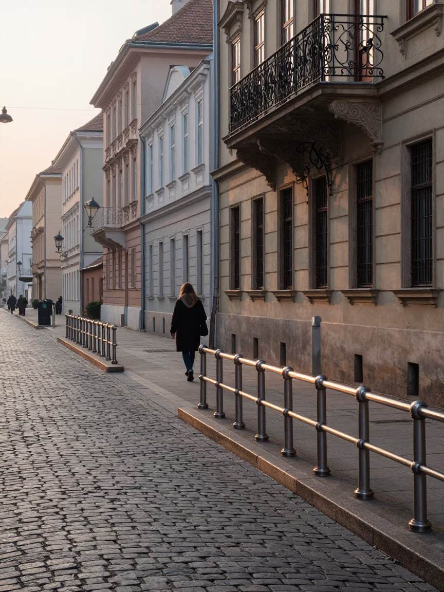 Early Morning Budapest Street Scene with Brushed Steel Rail and Ceramic Plate in in Budapest, Hungary