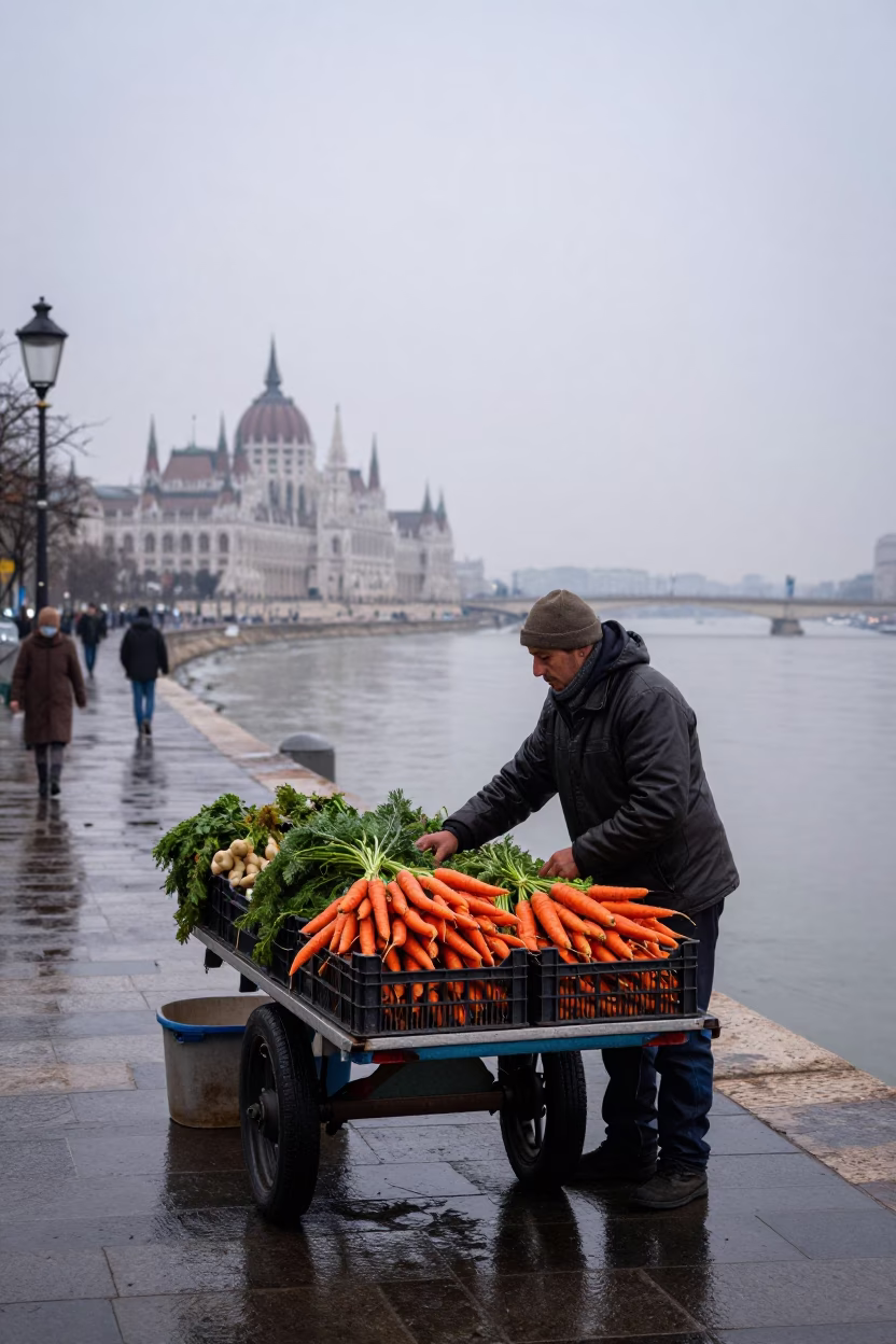 Early Morning Budapest Street Scene with Carrots and Leather Ball in in Budapest, Hungary