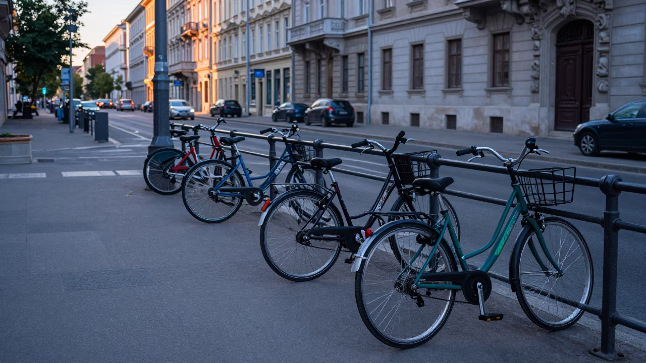 Early Morning Budapest Street Scene with City Bikes and Historic Architecture in in Budapest, Hungary