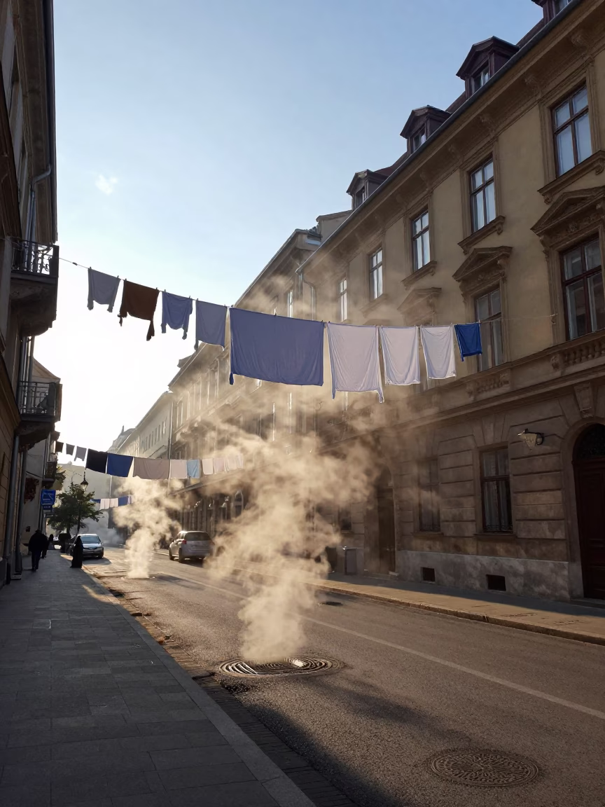 Early Morning Budapest Street Scene with Clothesline and Steam Haze in in Budapest, Hungary