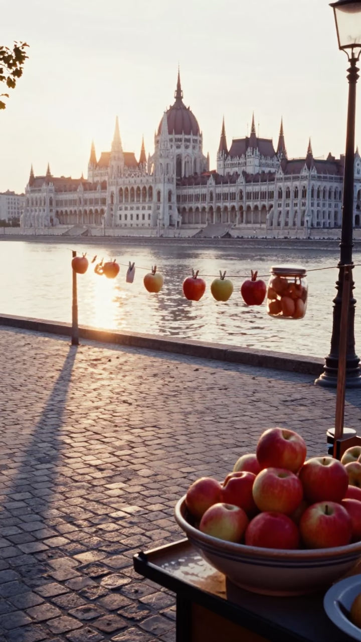 Early Morning Budapest Street Scene with Clothespin Jar and Fruit Bowl in in Budapest, Hungary