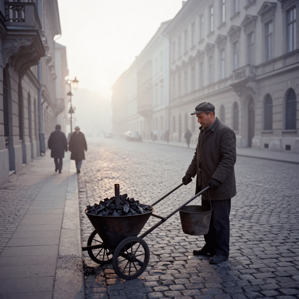 Early Morning Budapest Street Scene with Coal Scuttle and Rye Bread in in Budapest, Hungary