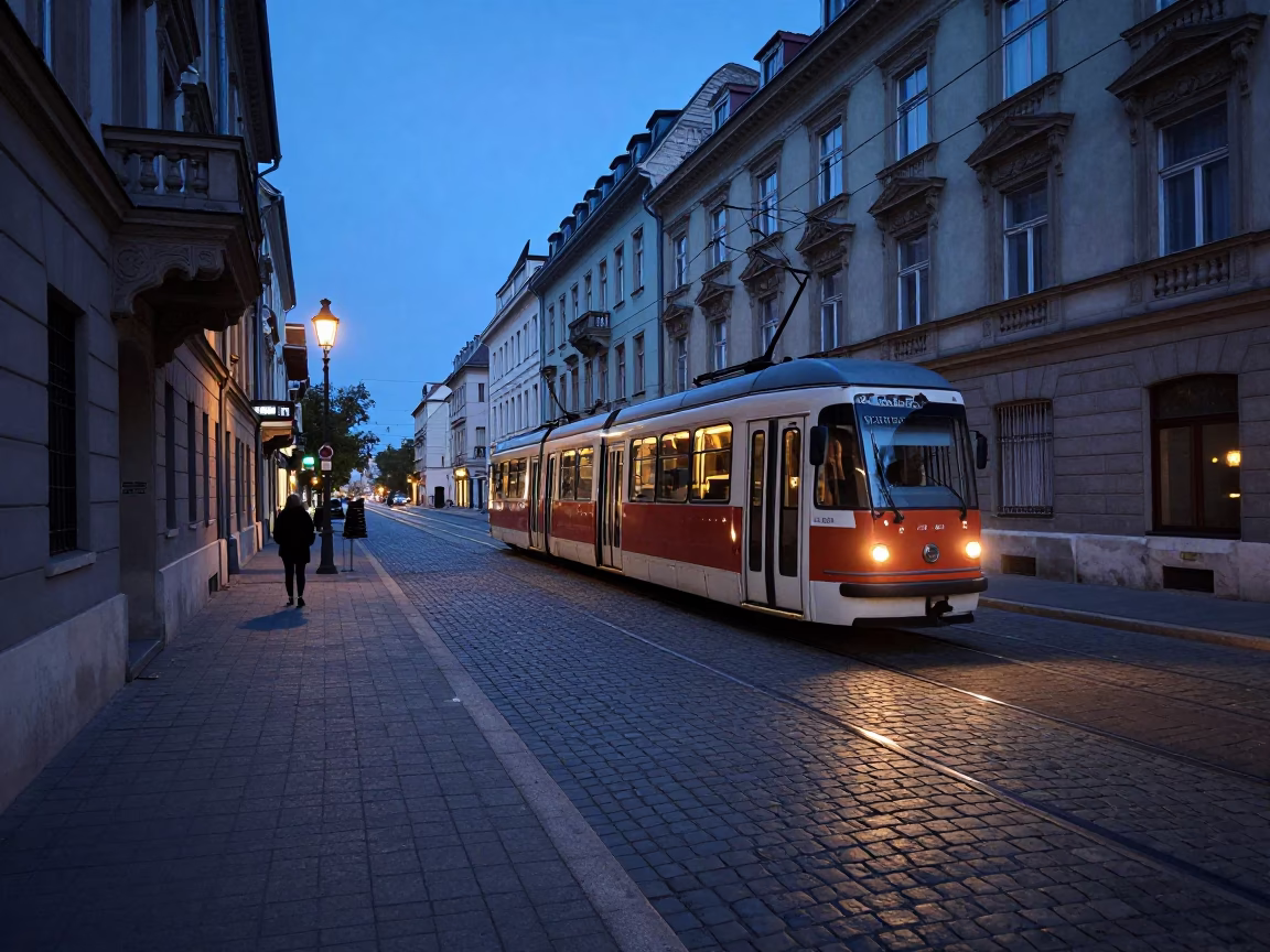 Early Morning Budapest Street Scene with Cobblestone Alley and Dawn Light in in Budapest, Hungary