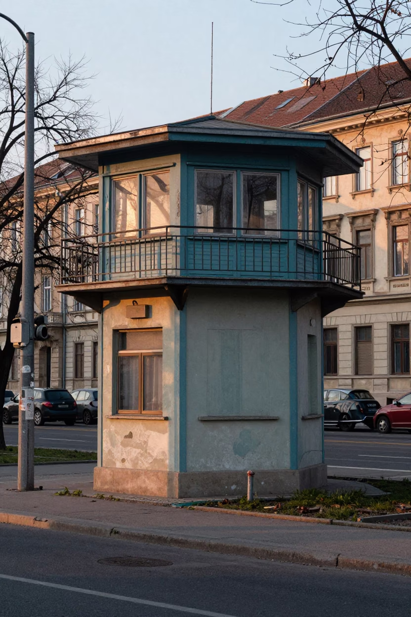 Early Morning Budapest Street Scene with Crumbling Weather Station and Local Life in in Budapest, Hungary