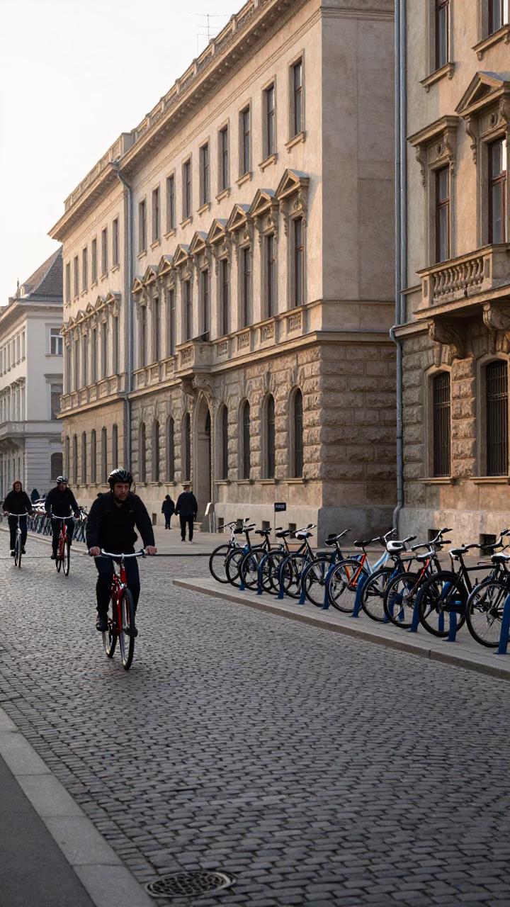 Early Morning Budapest Street Scene with Cyclists and Red Brick Architecture in in Budapest, Hungary