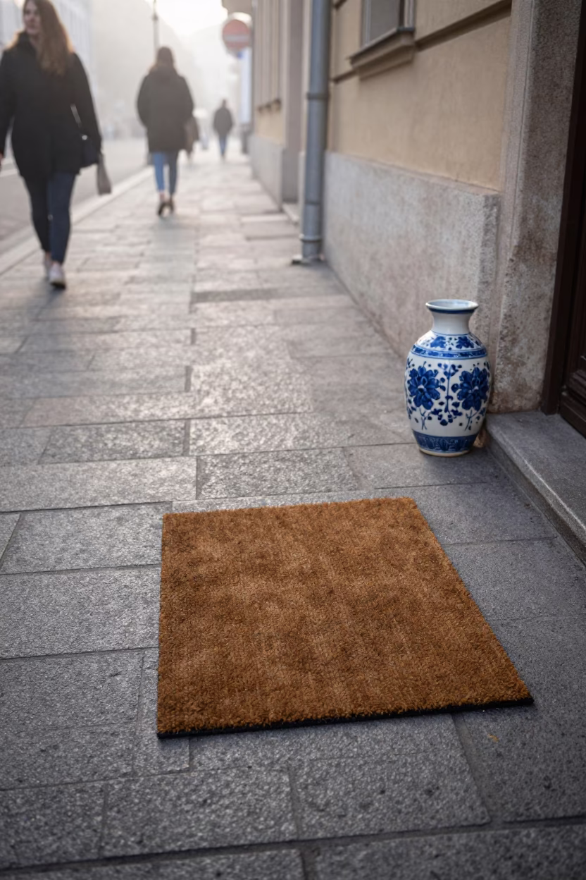 Early Morning Budapest Street Scene with Doormat and Ceramic Bowl in in Budapest, Hungary