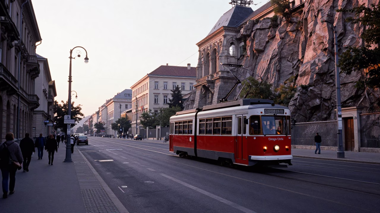 Early Morning Budapest Street Scene with Funicular Railway and Local Commuters in in Budapest, Hungary