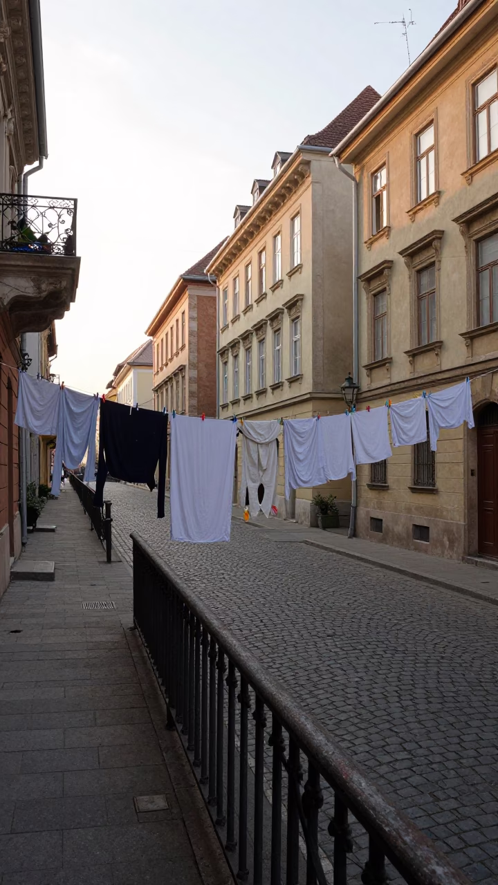 Early Morning Budapest Street Scene with Laundry and Urban Details in in Budapest, Hungary