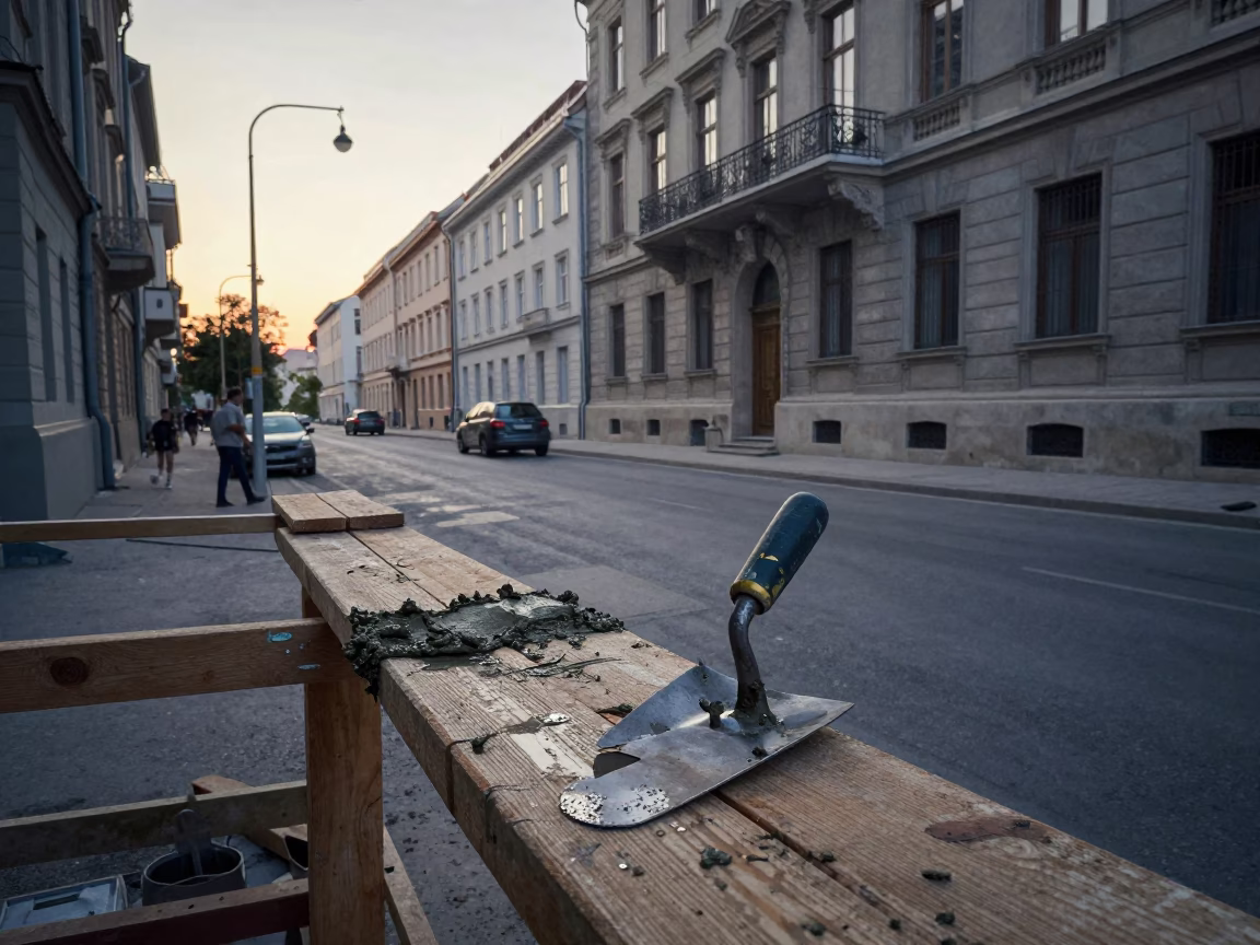 Early Morning Budapest Street Scene with Mason's Tools and Urban Architecture in in Budapest, Hungary