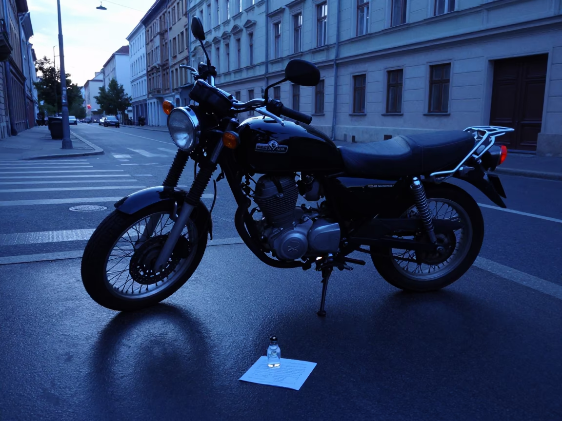 Early Morning Budapest Street Scene with Motorcycle and Paperweight on Table in in Budapest, Hungary