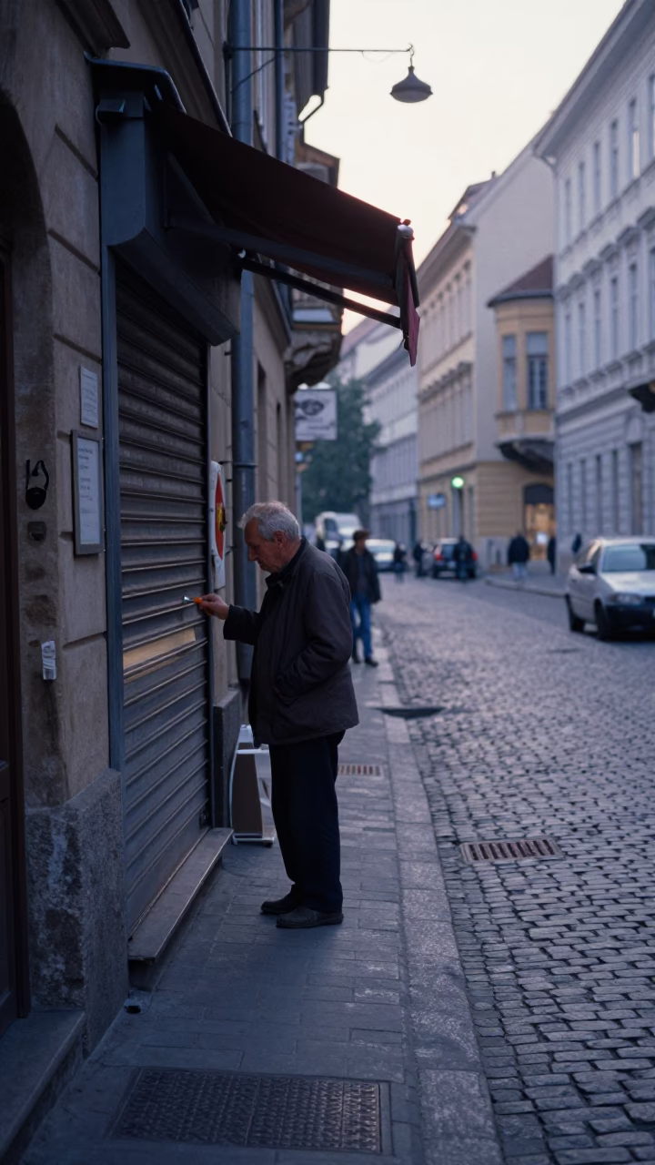 Early Morning Budapest Street Scene with Safety Razor and Autumn Leaves Before Sunrise in in Budapest, Hungary