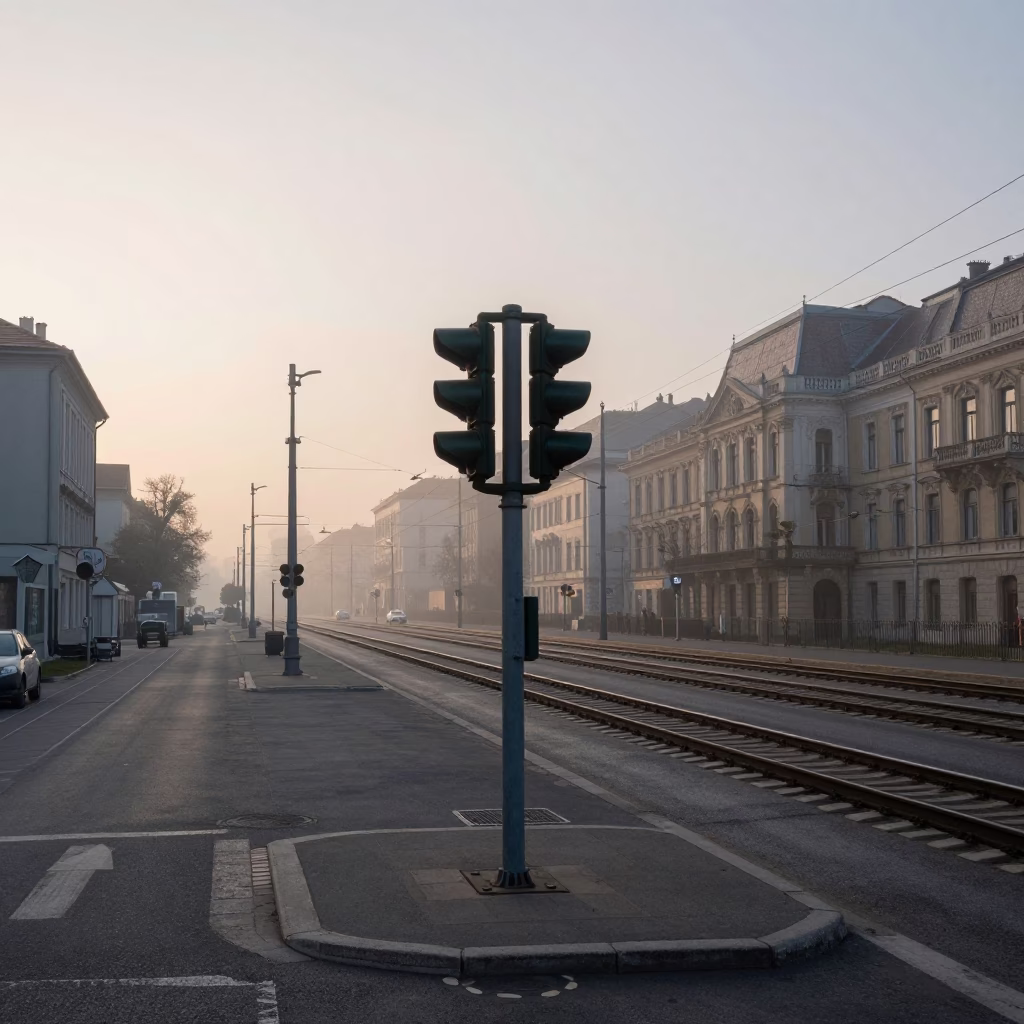Early Morning Budapest Street Scene with Signal Gantry and Mist Over Rail Lines in in Budapest, Hungary