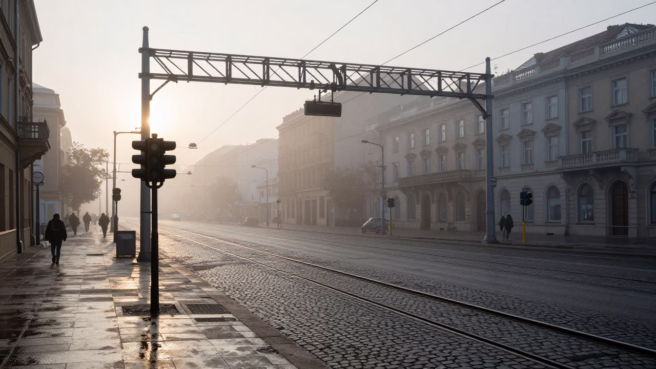 Early Morning Budapest Street Scene with Signal Gantry and Misty Rail Lines in in Budapest, Hungary