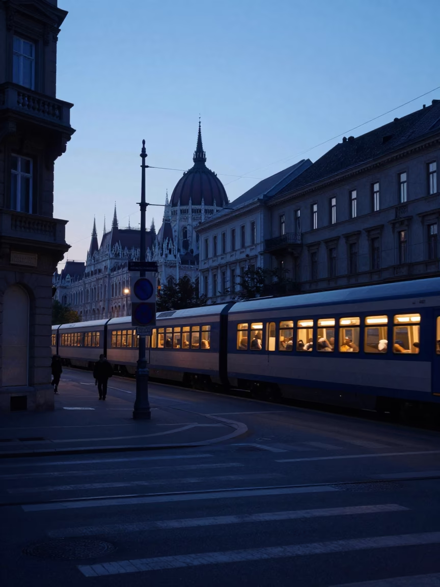 Early Morning Budapest Street Scene with Sleeping Train and Urban Details in in Budapest, Hungary