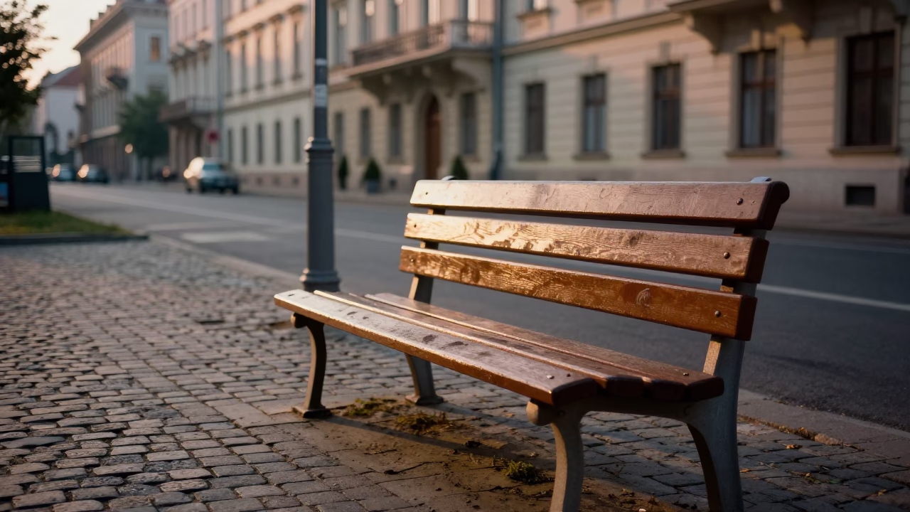 Early Morning Budapest Street Scene with Smudged Bench and Tramway Gondola in Fog in in Budapest, Hungary