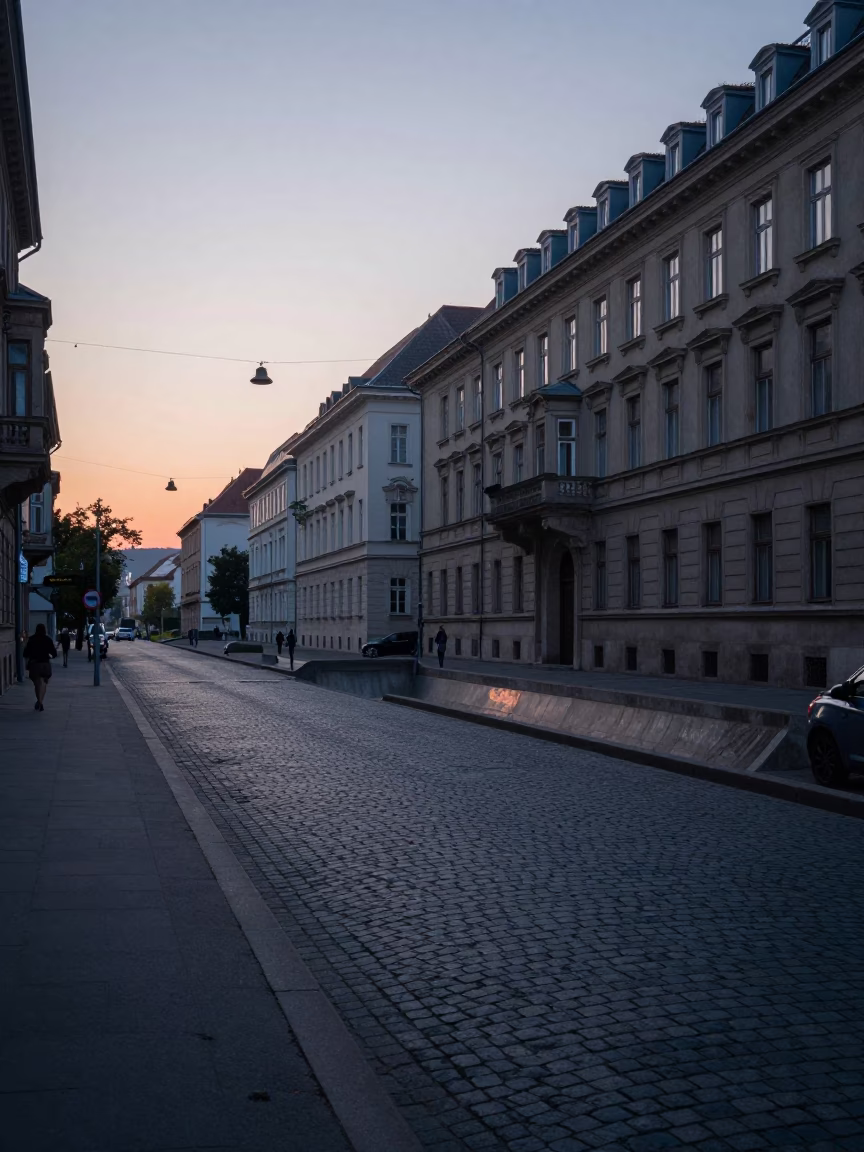 Early Morning Budapest Street Scene with Spillway Chute and Red Railings Before Sunrise in in Budapest, Hungary