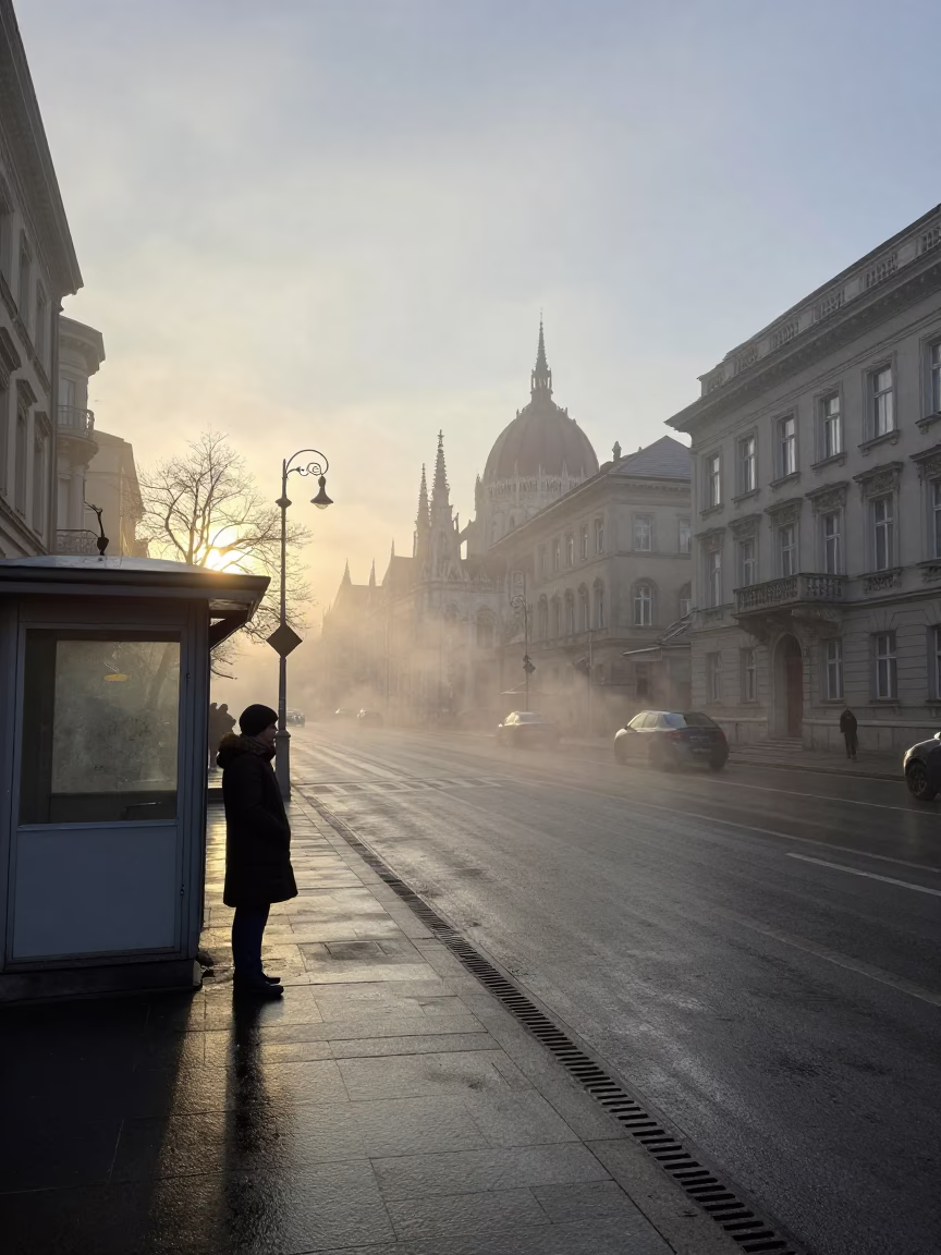 Early Morning Budapest Street Scene with Steam Haze and Urban Activity in in Budapest, Hungary