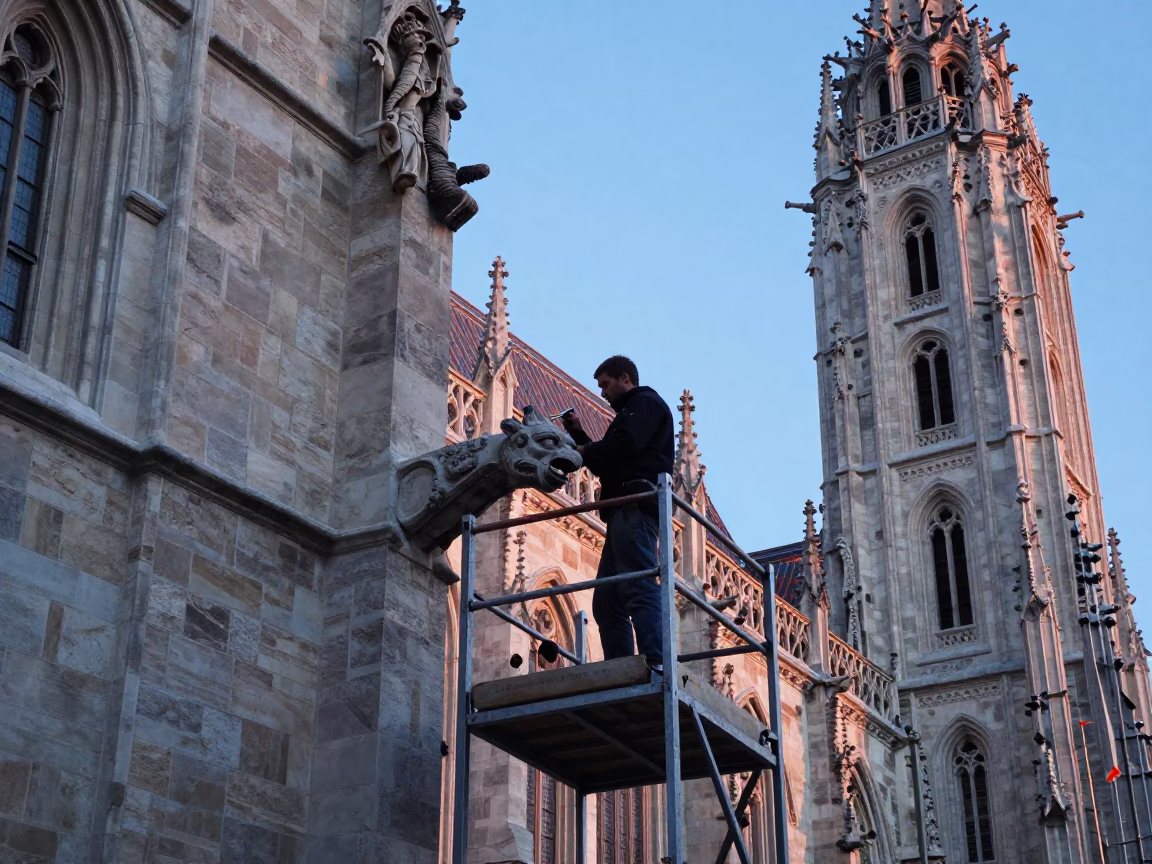 Early Morning Budapest Street Scene with Stonemason Chiseling Cathedral Gargoyle Scaffold in in Budapest, Hungary