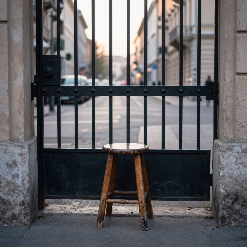 Early Morning Budapest Street Scene with Stool and Gate Handle in Hungary in in Budapest, Hungary