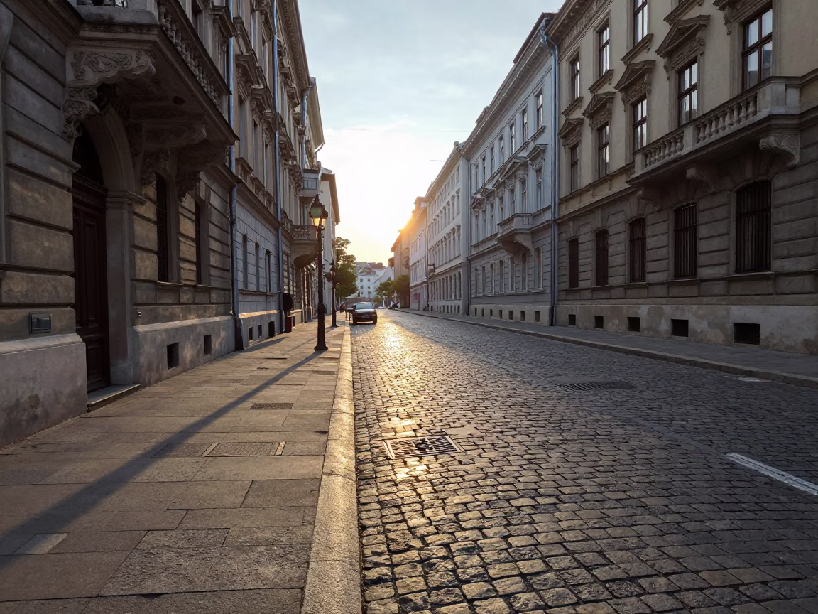 Early Morning Budapest Street Scene with Sunlight and Drainage Details in in Budapest, Hungary