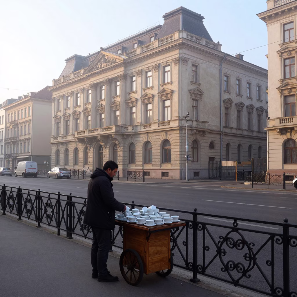 Early Morning Budapest Street Scene with Teacups and Urban Architecture in in Budapest, Hungary