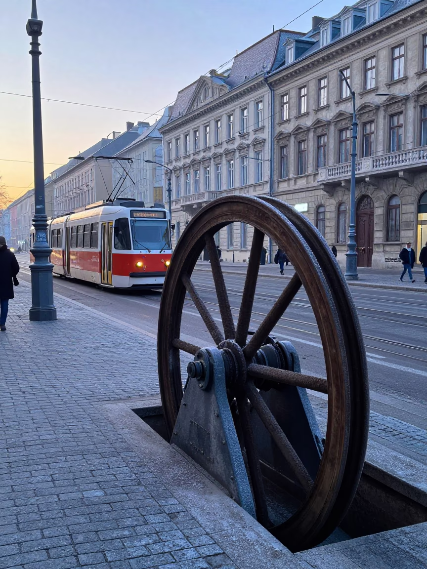 Early Morning Budapest Street Scene with Tram and Frosty Sluice Gate in in Budapest, Hungary