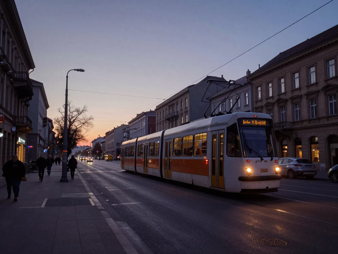Early Morning Budapest Street Scene with Tram and Morning Coffee Before Sunrise in in Budapest, Hungary