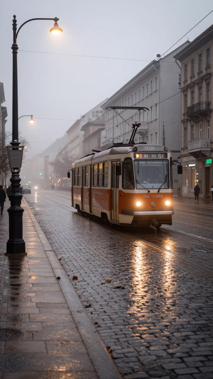 Early Morning Budapest Street Scene with Tram and Tram Stop Sign in in Budapest, Hungary