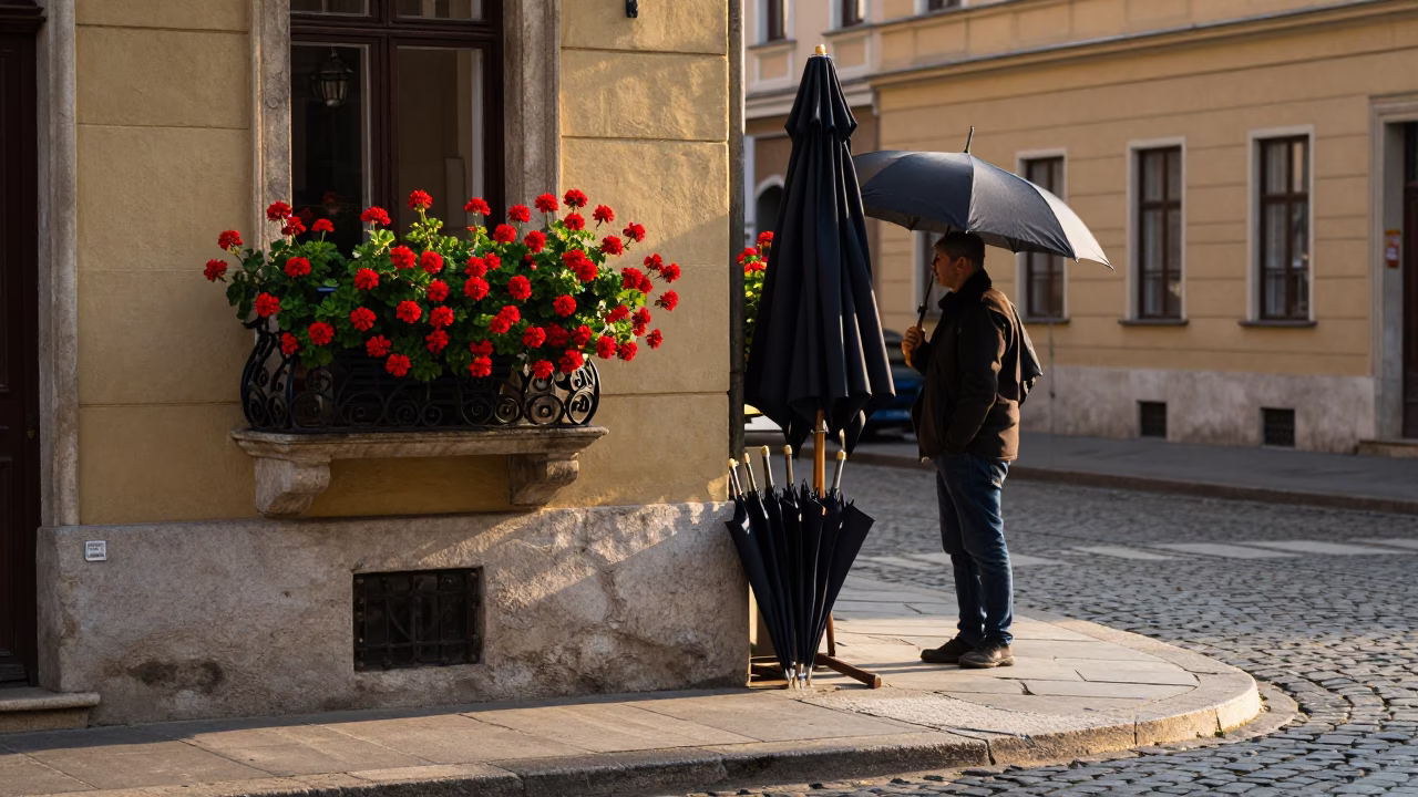 Early Morning Budapest Street Scene with Umbrellas and Geraniums in First Light in in Budapest, Hungary