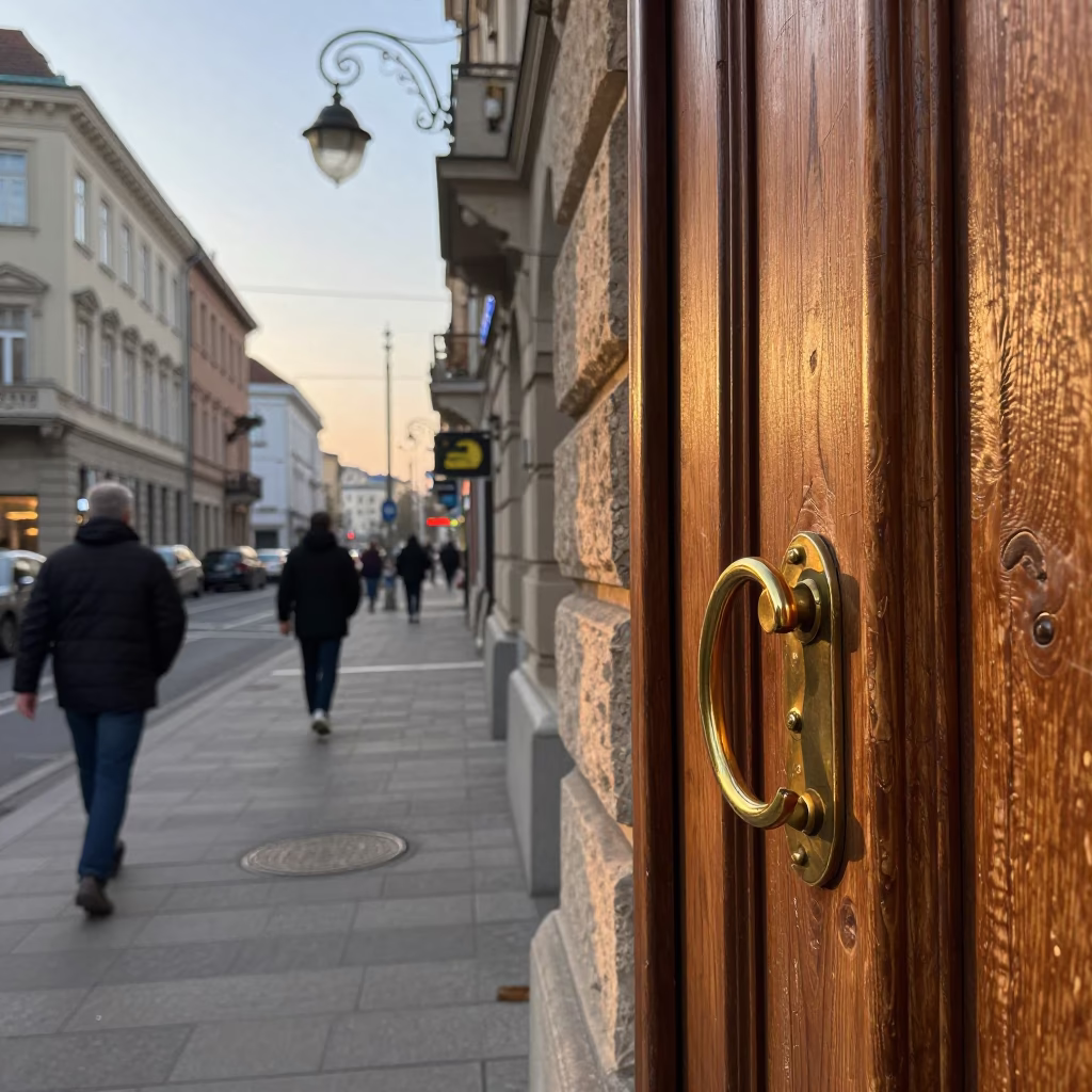 Early Morning Budapest Street Scene with Vintage Brass Fixtures and Twine Details in in Budapest, Hungary