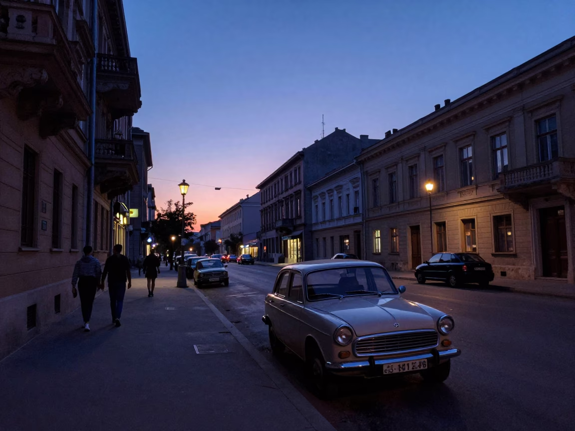 Early Morning Budapest Street Scene with Vintage Car and Candle Holder in in Budapest, Hungary
