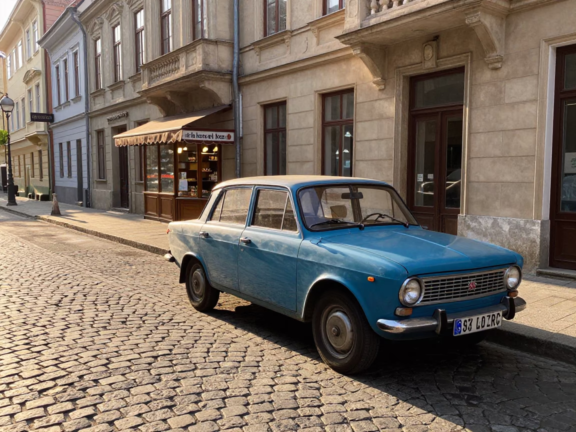 Early Morning Budapest Street Scene with Vintage Car and Local Life in in Budapest, Hungary