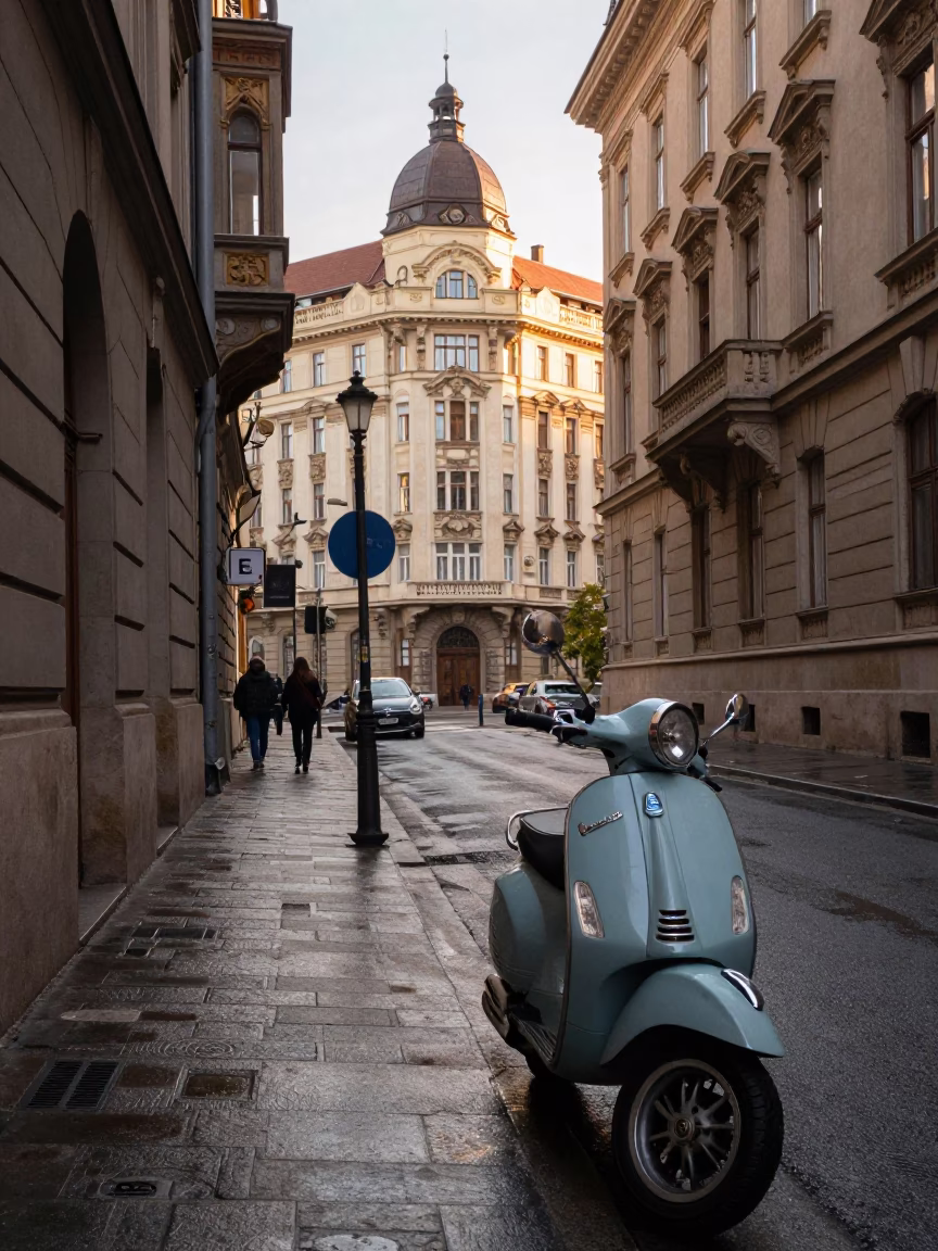 Early Morning Budapest Street Scene with Vintage Vespa on Cobblestone Lane in in Budapest, Hungary