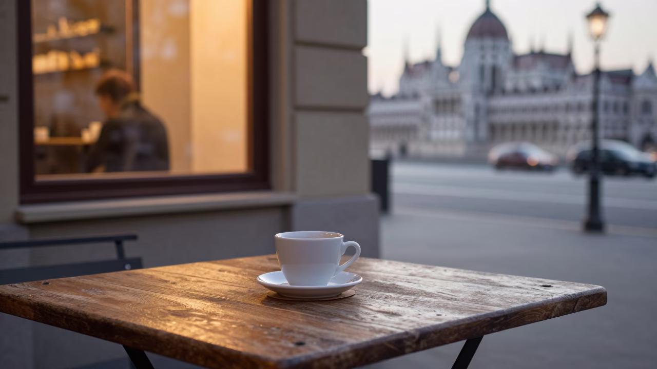 Early Morning Budapest Street Scene with Window Light and Coaster Detail in in Budapest, Hungary