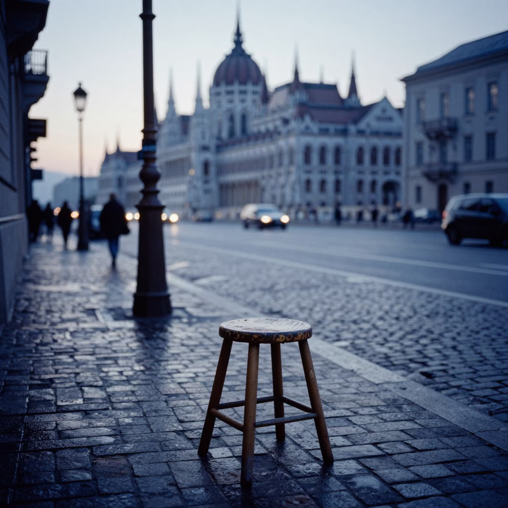 Early Morning Budapest Street Scene with Work Stool and Local Interaction in in Budapest, Hungary
