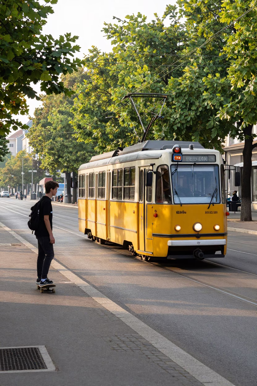 Early Morning Budapest Tramcar on Tree-Lined Boulevard with Skateboarder and Urban Street Life in in Budapest, Hungary