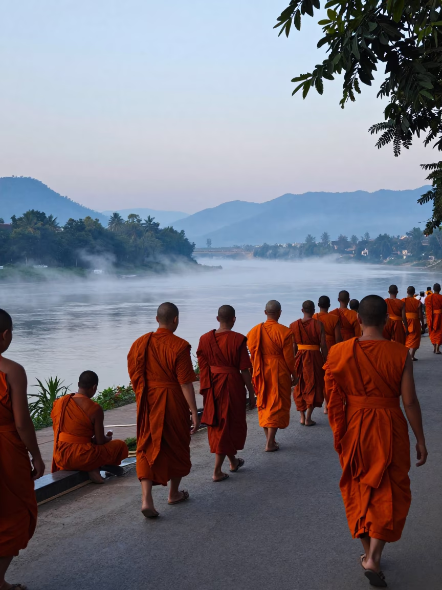 Early Morning Buddhist Alms Giving Ceremony in Luang Prabang Laos at Dawn in in Luang Prabang, Laos