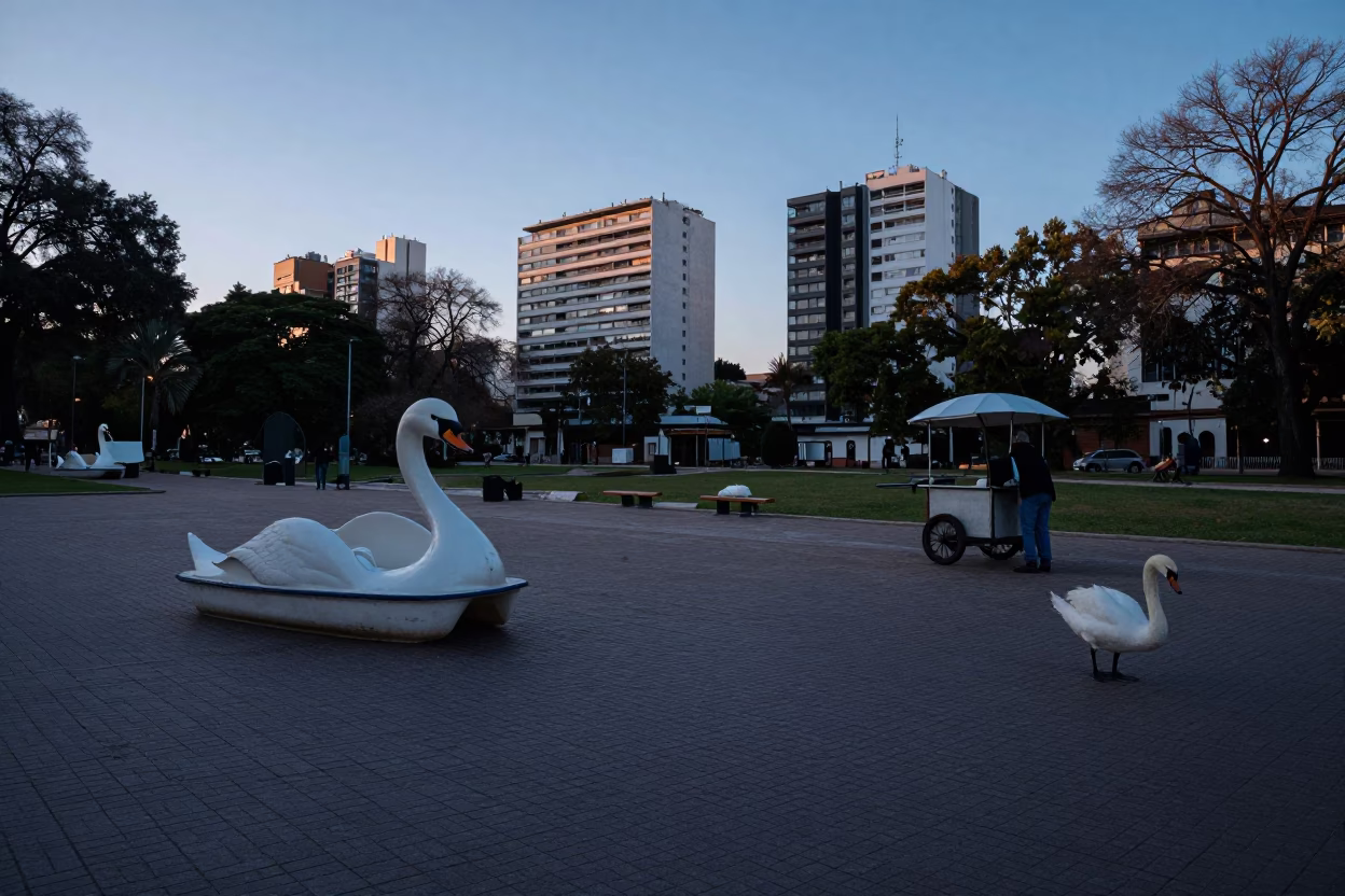 Early Morning Buenos Aires Plaza with Swans and Morning Light in in Buenos Aires, Argentina