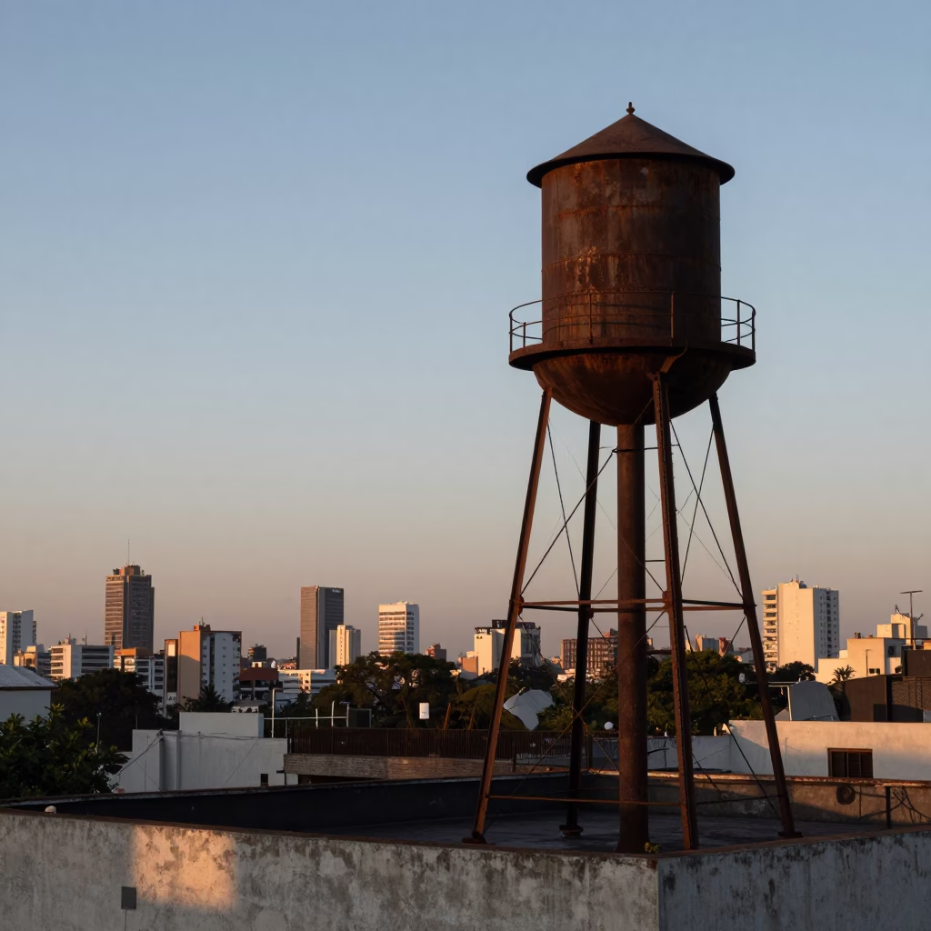 Early Morning Buenos Aires Rooftop Water Tower and Urban Skyline Horizon Shot in in Buenos Aires, Argentina