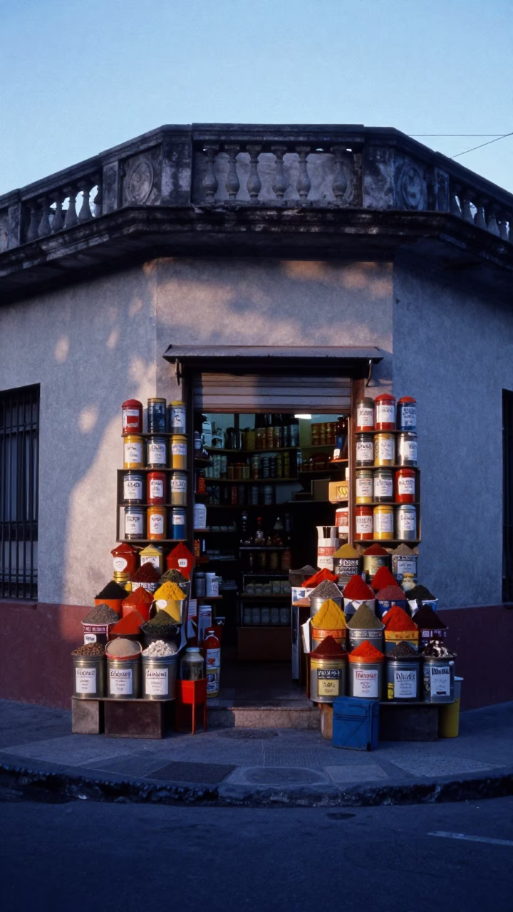 Early Morning Buenos Aires Street Corner with Colorful Spice Tins and Morning Light in in Buenos Aires, Argentina
