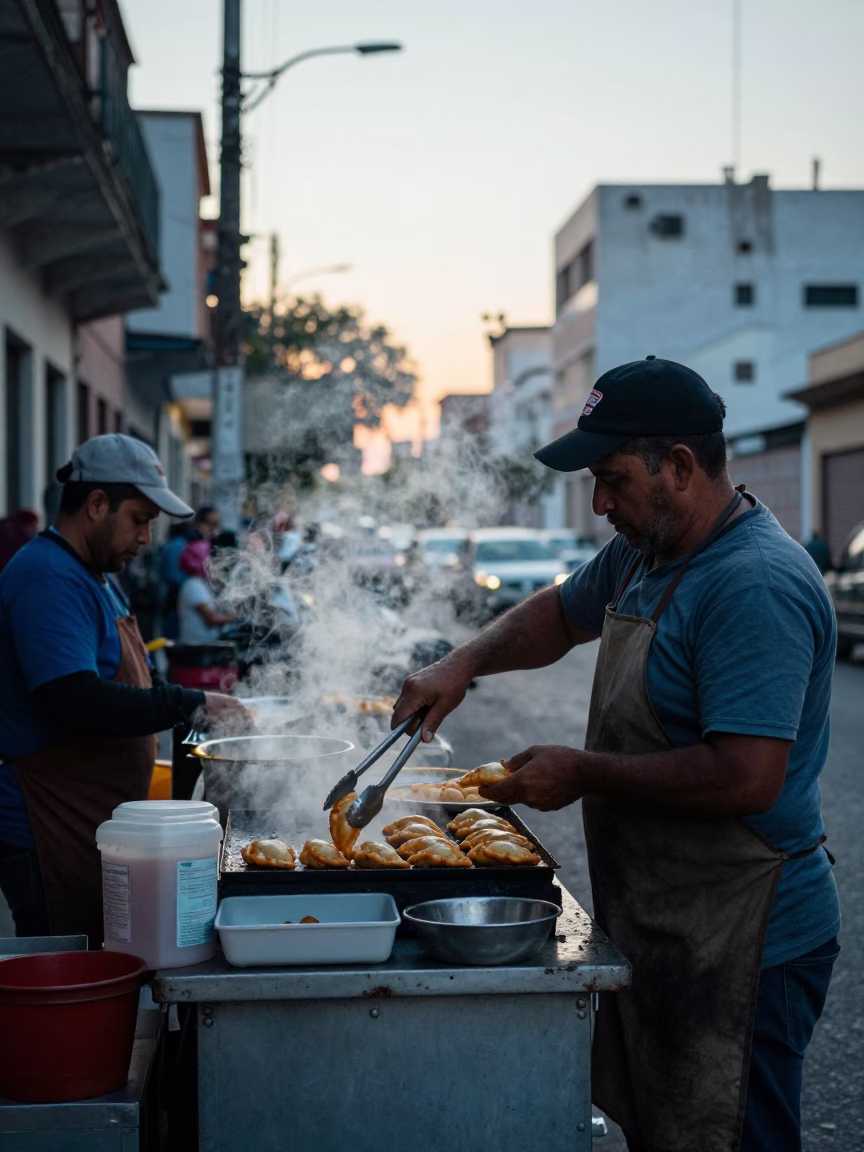 Early Morning Buenos Aires Street Food Stall With Workers Preparing Breakfast Before Sunrise in in Buenos Aires, Argentina