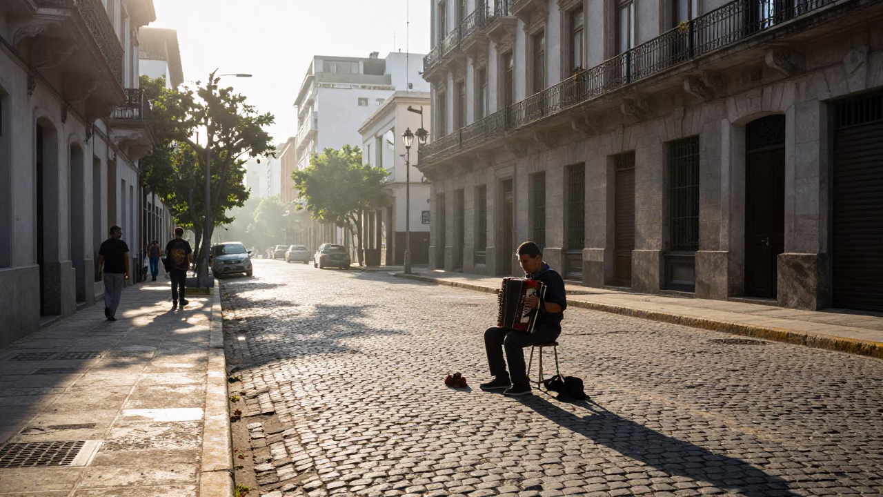 Early Morning Buenos Aires Street Scene with Accordion Player and Sunlight in in Buenos Aires, Argentina