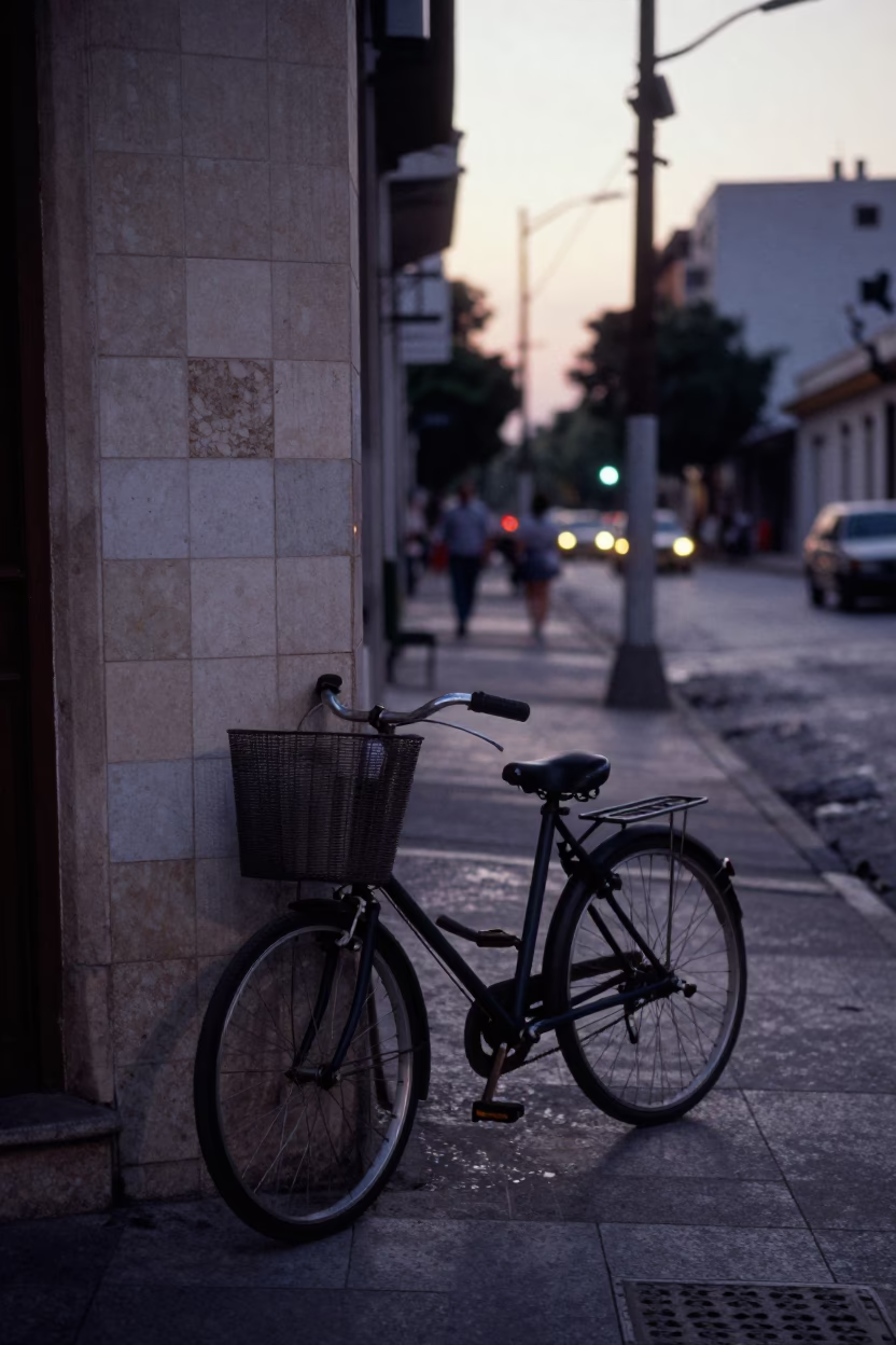 Early Morning Buenos Aires Street Scene with Bicycle Basket and Condensation in in Buenos Aires, Argentina