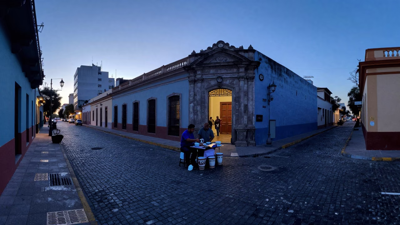 Early Morning Buenos Aires Street Scene with Ceramic Cup and Boot Scraper in in Buenos Aires, Argentina