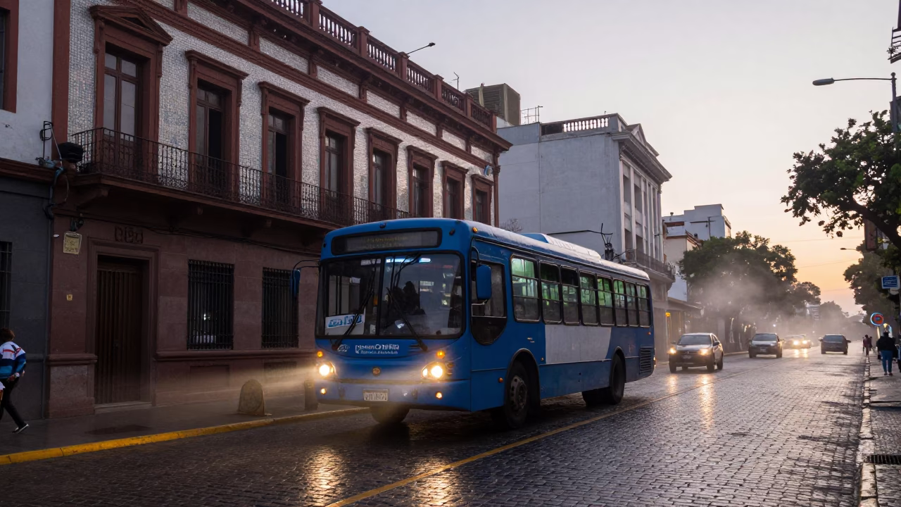 Early Morning Buenos Aires Street Scene with Classic Bus and Local Life in in Buenos Aires, Argentina